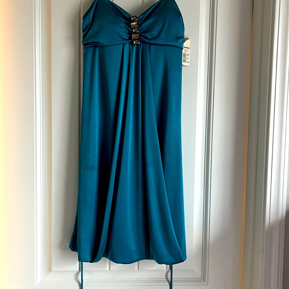 Teal strapless mini dress with jewels